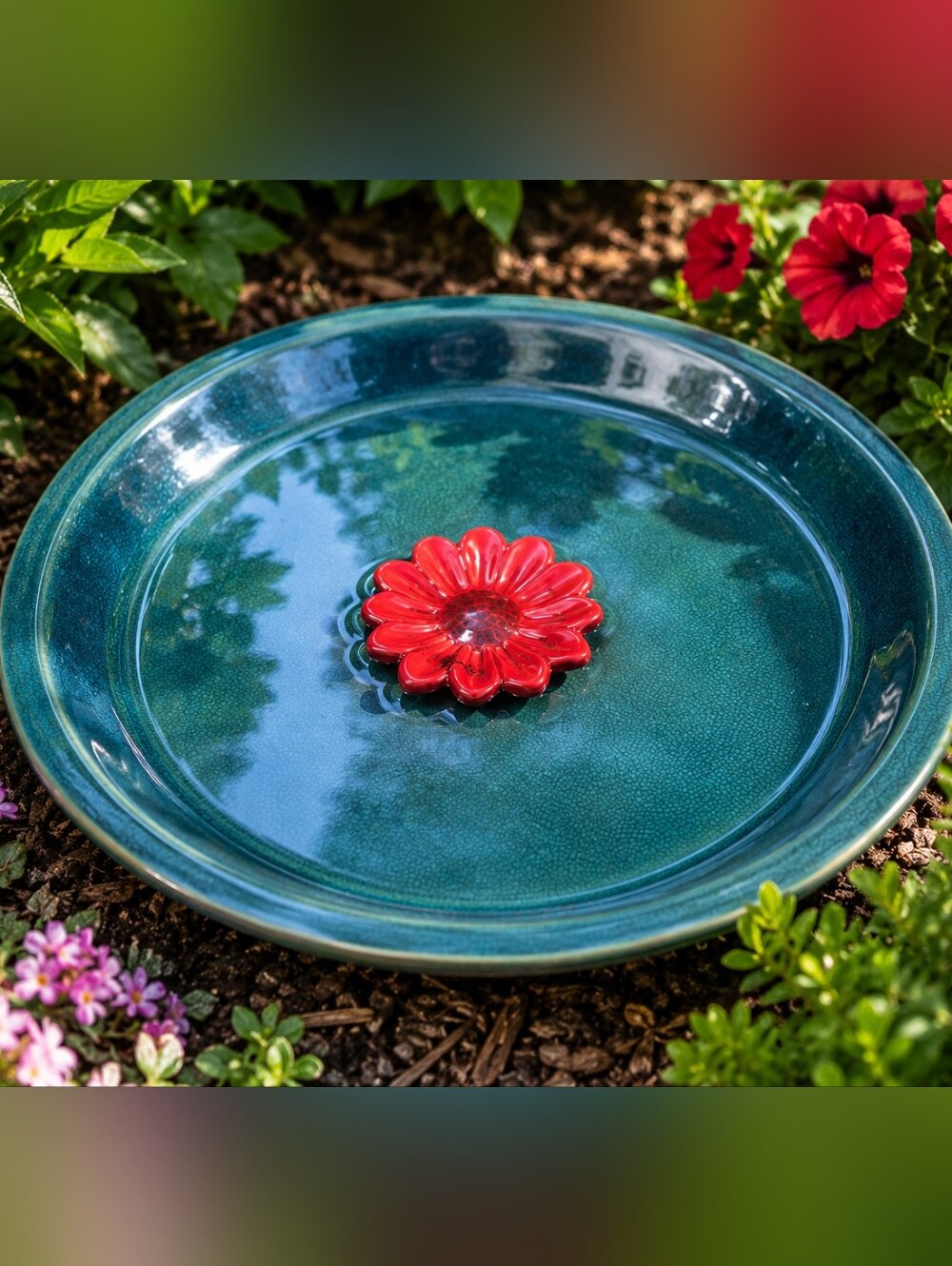 New 12" Ceramic Bird Bath Bowl Teal Blue Crackle Glaze Red Floral Center